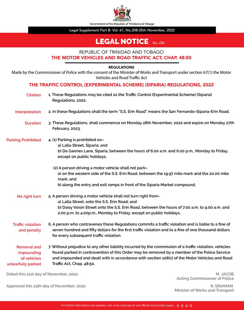 Legal-Notice-No-226-0f-2022-Traffic-Control-(Experimental-Scheme)(Siparia)-Regulations-2022_Version-for-Publication.jpg
